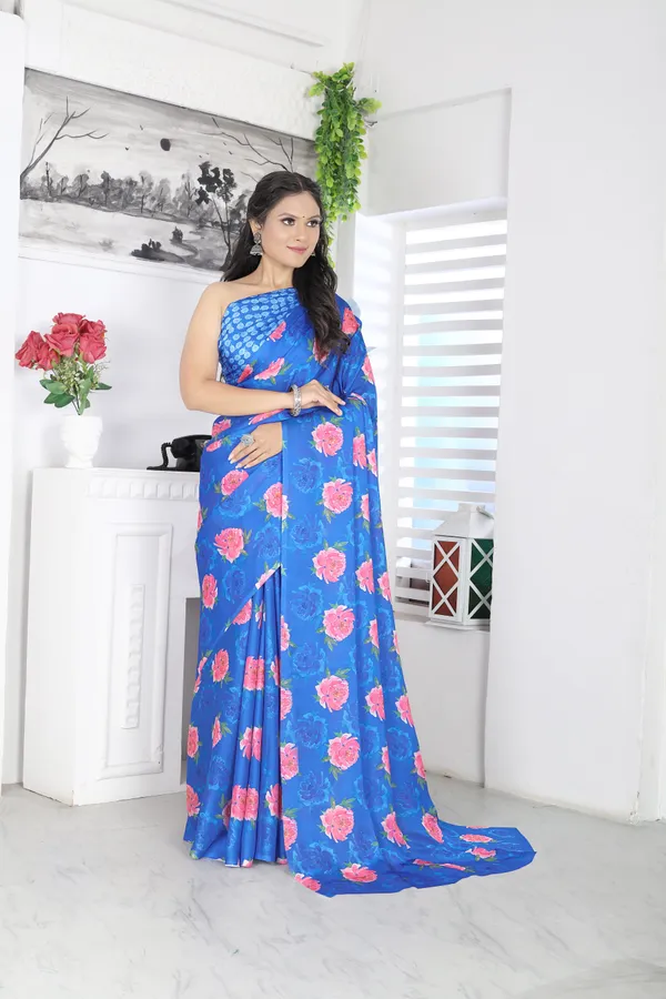 Blue_Satin_Georgette_Floral_Printed_Saree_With_Unstitched_Blouse_Piece