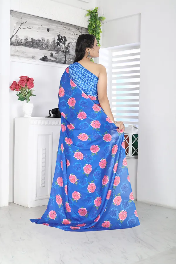 Blue_Satin_Georgette_Floral_Printed_Saree_With_Unstitched_Blouse_Piece