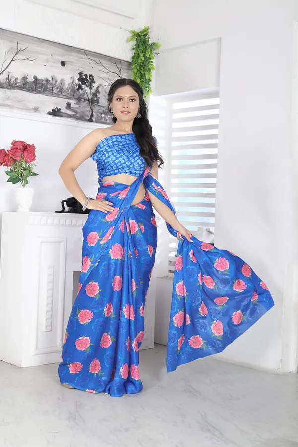 Blue_Satin_Georgette_Floral_Printed_Saree_With_Unstitched_Blouse_Piece