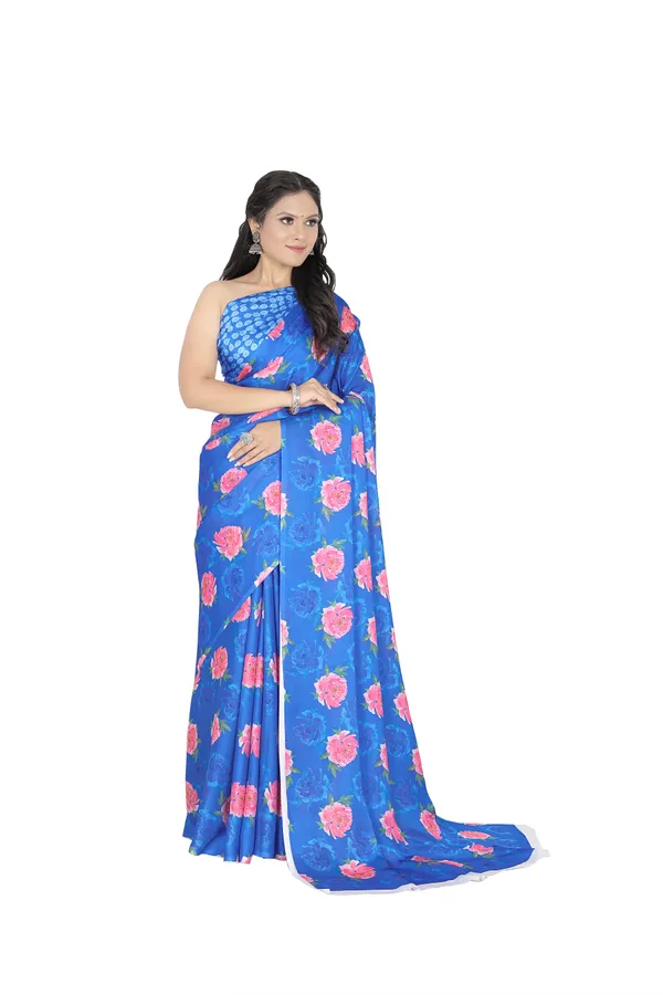 Blue_Satin_Georgette_Floral_Printed_Saree_With_Unstitched_Blouse_Piece