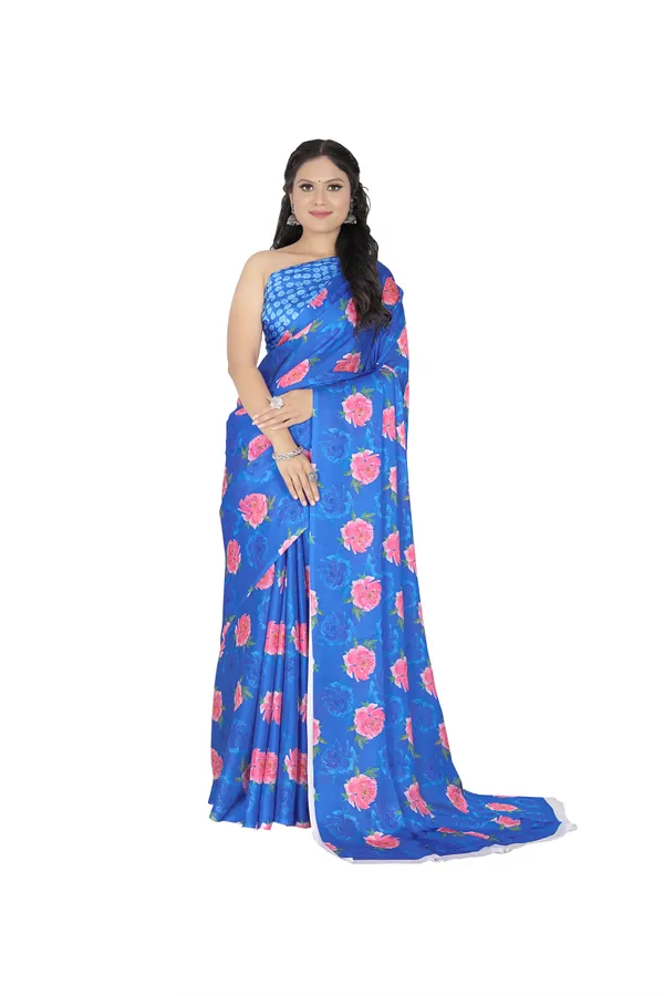 Blue_Satin_Georgette_Floral_Printed_Saree_With_Unstitched_Blouse_Piece