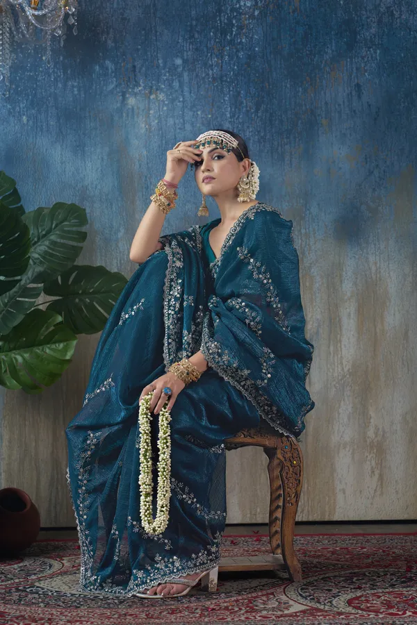 Blue_Shimmer_Georgette_Zari_Work_Saree_With_Unstitched_Blouse_Piece