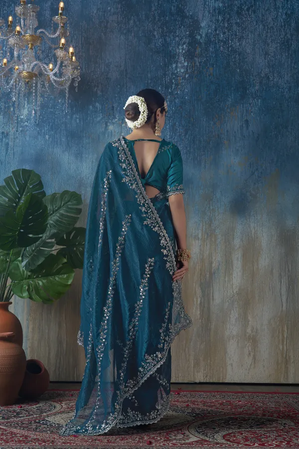 Blue_Shimmer_Georgette_Zari_Work_Saree_With_Unstitched_Blouse_Piece