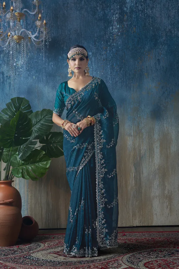 Blue_Shimmer_Georgette_Zari_Work_Saree_With_Unstitched_Blouse_Piece
