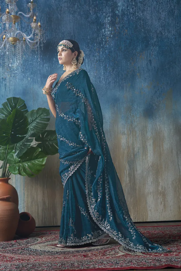 Blue_Shimmer_Georgette_Zari_Work_Saree_With_Unstitched_Blouse_Piece