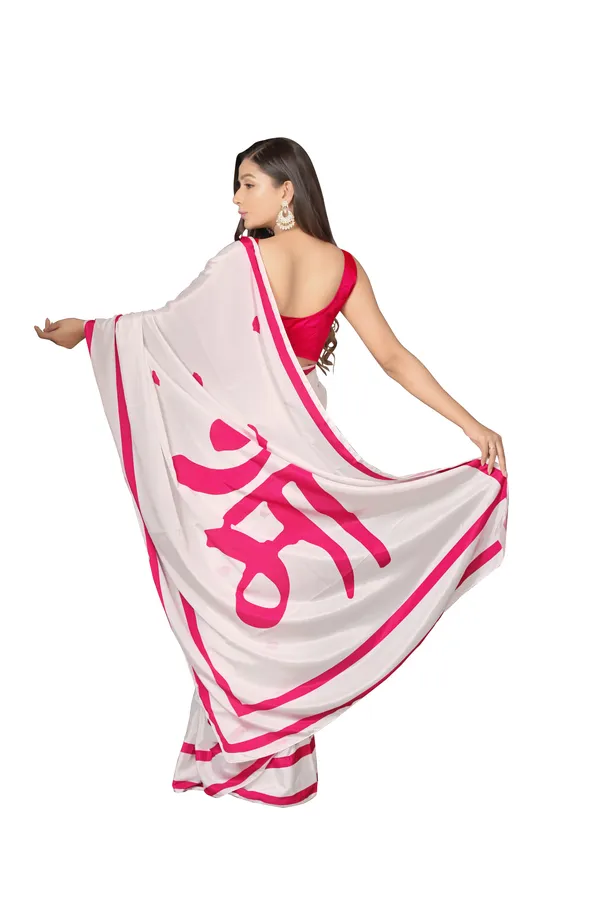 White_&_Pink_Poly_crepe_Maa_Printed_Saree_With_Unstitched_Blouse_Piece