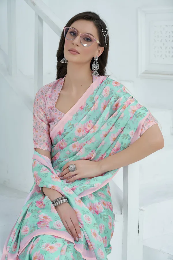 Pastel_Blue_Satin_Georgette_Floral_Printed_Saree_With_Unstitched_Blouse_Piece