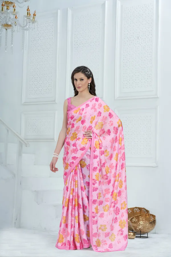 Pink_Satin_Georgette_Floral_Printed_Saree_With_Unstitched_Blouse_Piece