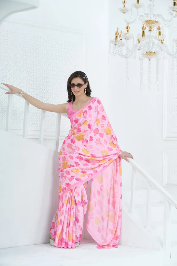 Pink_Satin_Georgette_Floral_Printed_Saree_With_Unstitched_Blouse_Piece