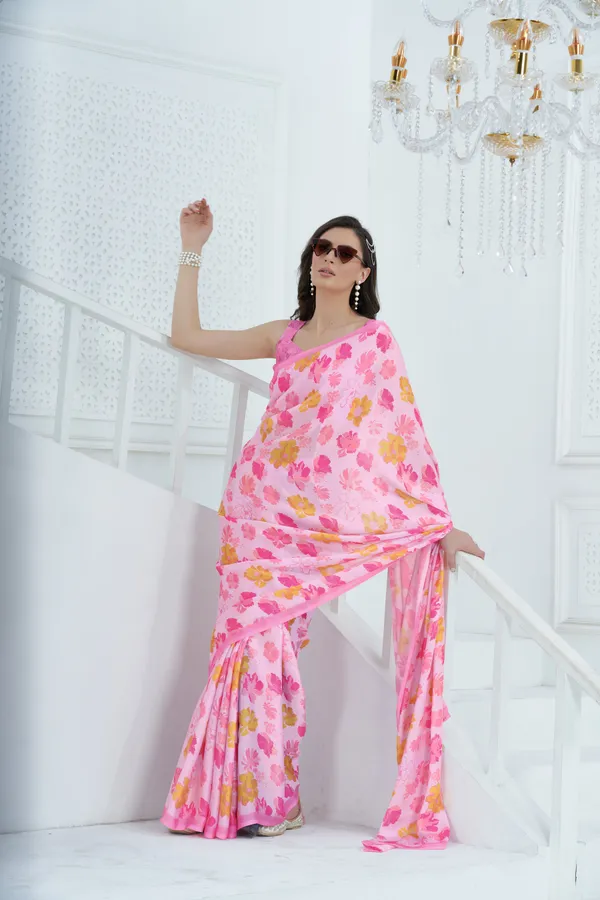 Pink_Satin_Georgette_Floral_Printed_Saree_With_Unstitched_Blouse_Piece