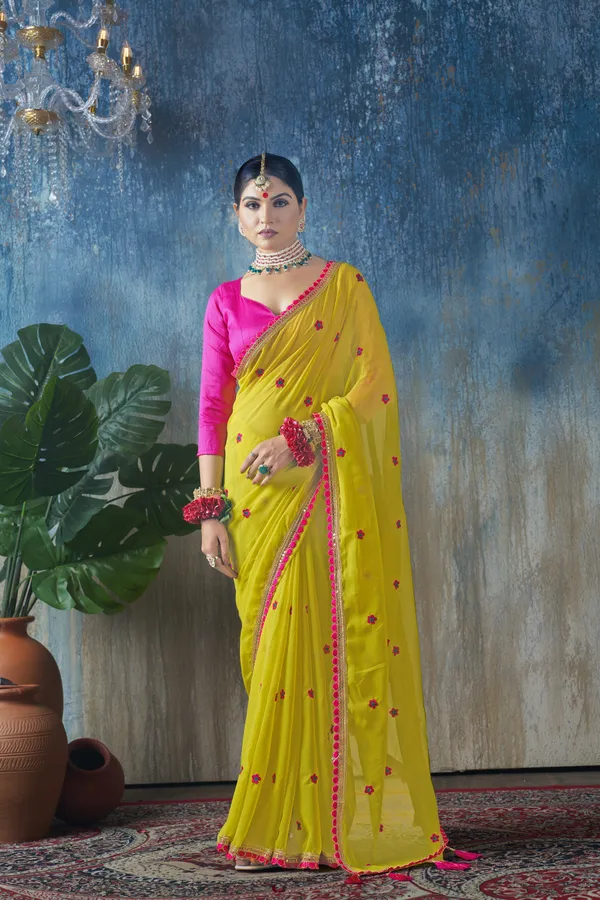Yellow_Poly_Georgette_Gota_With_Tassel_Detail_Saree_With_Unstitched_Blouse_Piece