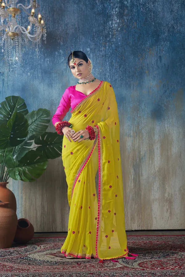 Yellow_Poly_Georgette_Gota_With_Tassel_Detail_Saree_With_Unstitched_Blouse_Piece