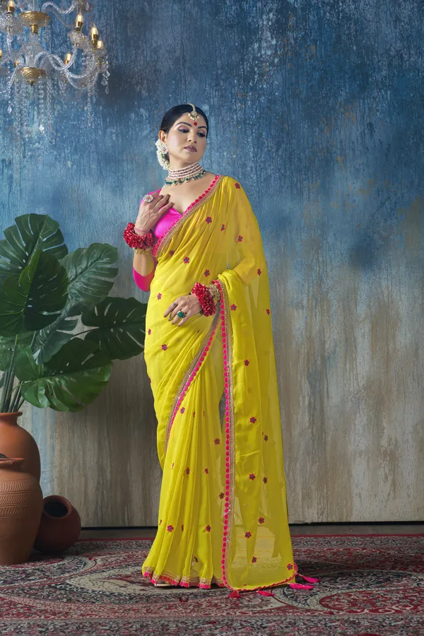 Yellow_Poly_Georgette_Gota_With_Tassel_Detail_Saree_With_Unstitched_Blouse_Piece