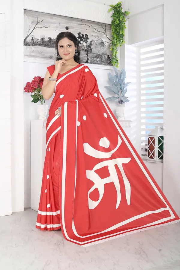 Red_And_White_Poly_crepe_Maa_Printed_Saree_With_Unstitched_Blouse_Piece