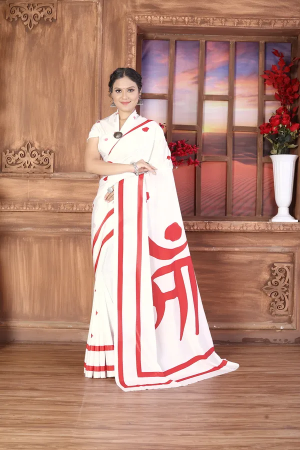 White_And_Red_Poly_crepe_Maa_Printed_Saree_With_Unstitched_Blouse_Piece