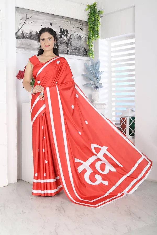 Red_And_White_Poly_Crepe_Devi_Printed_Saree_With_Unstitched_Blouse_Piece