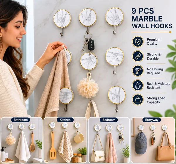 9_Pcs_Self_Adhesive_Wall_Hooks_for_Home_&_Bathroom,_Marble_Design_Heavy_Duty_Sticky_Hooks,_Waterproof_No_Drill_Wall_Hangers,_Strong_Adhesive_Key_Holder,_Towel_Hook,_Kitchen_&_Bedroom_Organizer_(Up_to_2_Kg_Capacity)