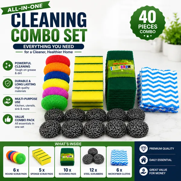 40_Pieces_Kitchen_Cleaning_Combo_Pack_|_6_Round_Scrub_Pads,_5_Sponge_Scrub_Pads,_10_Green_Scouring_Pads,_12_Steel_Scrubbers_&_6_Microfiber_Cleaning_Cloths_|_Multipurpose_Dishwashing_&_Household_Cleaning_Kit
