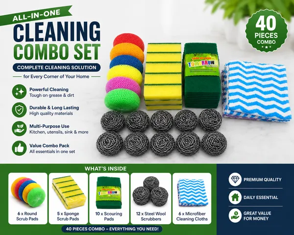 40_Pieces_Kitchen_Cleaning_Combo_Pack_|_6_Round_Scrub_Pads,_5_Sponge_Scrub_Pads,_10_Green_Scouring_Pads,_12_Steel_Scrubbers_&_6_Microfiber_Cleaning_Cloths_|_Multipurpose_Dishwashing_&_Household_Cleaning_Kit