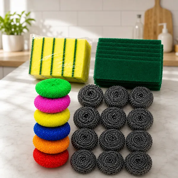 40_Pieces_Kitchen_Cleaning_Combo_Pack_|_6_Round_Scrub_Pads,_5_Sponge_Scrub_Pads,_10_Green_Scouring_Pads,_12_Steel_Scrubbers_&_6_Microfiber_Cleaning_Cloths_|_Multipurpose_Dishwashing_&_Household_Cleaning_Kit