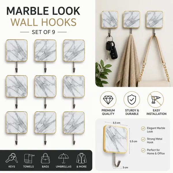 Self_Adhesive_Marble_Design_Wall_Hooks_Set_of_9_|_Heavy_Duty_Sticky_Hooks_for_Bathroom,_Kitchen,_Bedroom_&_Office_|_Waterproof_Multipurpose_Wall_Hanger_|_Strong_Metal_Hook_Holds_Up_to_2kg_|_No_Drill_Wall_Hook_Organizer
