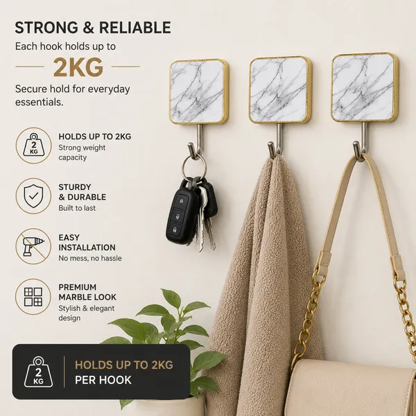 Self_Adhesive_Marble_Design_Wall_Hooks_Set_of_9_|_Heavy_Duty_Sticky_Hooks_for_Bathroom,_Kitchen,_Bedroom_&_Office_|_Waterproof_Multipurpose_Wall_Hanger_|_Strong_Metal_Hook_Holds_Up_to_2kg_|_No_Drill_Wall_Hook_Organizer