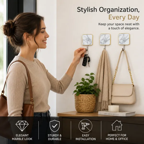 Self_Adhesive_Marble_Design_Wall_Hooks_Set_of_9_|_Heavy_Duty_Sticky_Hooks_for_Bathroom,_Kitchen,_Bedroom_&_Office_|_Waterproof_Multipurpose_Wall_Hanger_|_Strong_Metal_Hook_Holds_Up_to_2kg_|_No_Drill_Wall_Hook_Organizer