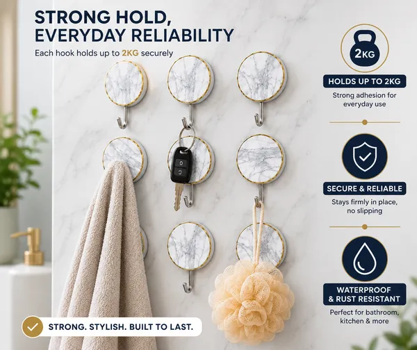 9_Pcs_Self_Adhesive_Wall_Hooks_for_Home_&_Bathroom,_Marble_Design_Heavy_Duty_Sticky_Hooks,_Waterproof_No_Drill_Wall_Hangers,_Strong_Adhesive_Key_Holder,_Towel_Hook,_Kitchen_&_Bedroom_Organizer_(Up_to_2_Kg_Capacity)