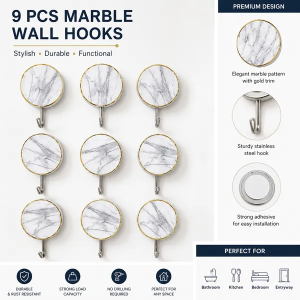 9_Pcs_Self_Adhesive_Wall_Hooks_for_Home_&_Bathroom,_Marble_Design_Heavy_Duty_Sticky_Hooks,_Waterproof_No_Drill_Wall_Hangers,_Strong_Adhesive_Key_Holder,_Towel_Hook,_Kitchen_&_Bedroom_Organizer_(Up_to_2_Kg_Capacity)