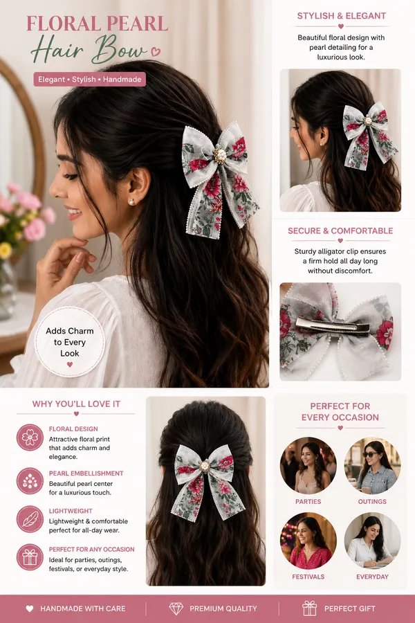 Floral_Pearl_Hair_Bow_Clip_for_Girls_&_Women_|_Elegant_Flower_Printed_Net_Bow_Hair_Accessory_with_Pearl_Center_|_Stylish_Alligator_Hair_Clip_for_Party,_Wedding,_Birthday,_Casual_Wear_|_White