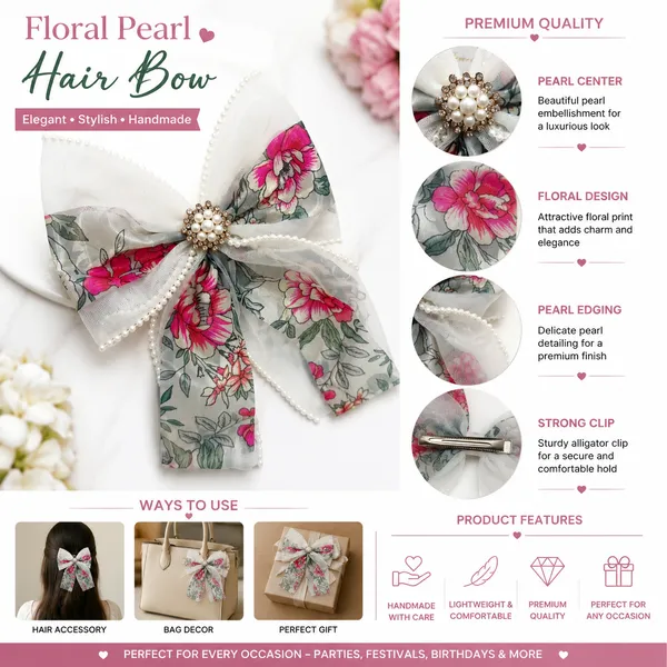 Floral_Pearl_Hair_Bow_Clip_for_Girls_&_Women_|_Elegant_Flower_Printed_Net_Bow_Hair_Accessory_with_Pearl_Center_|_Stylish_Alligator_Hair_Clip_for_Party,_Wedding,_Birthday,_Casual_Wear_|_White