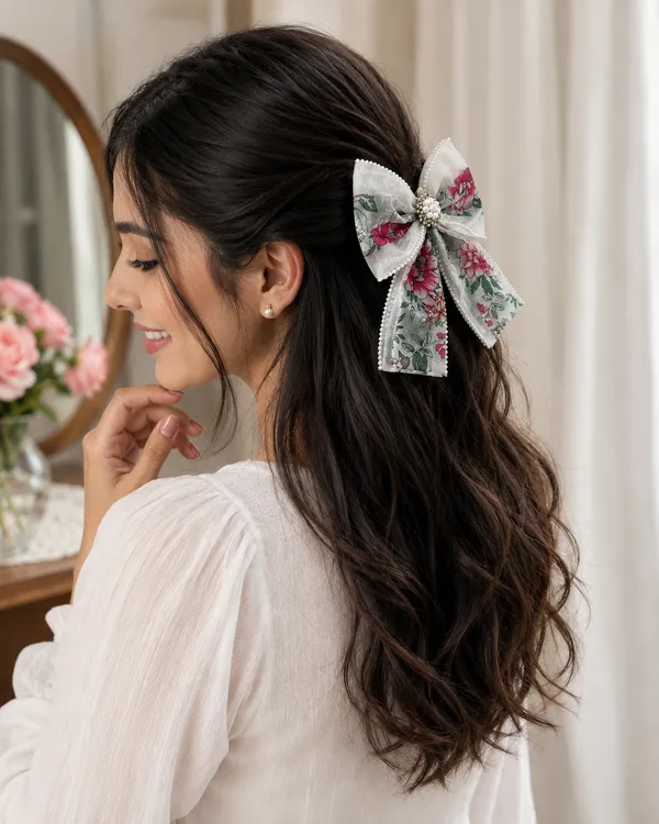 Floral_Pearl_Hair_Bow_Clip_for_Girls_&_Women_|_Elegant_Flower_Printed_Net_Bow_Hair_Accessory_with_Pearl_Center_|_Stylish_Alligator_Hair_Clip_for_Party,_Wedding,_Birthday,_Casual_Wear_|_White