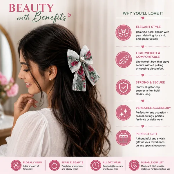 Floral_Pearl_Hair_Bow_Clip_for_Girls_&_Women_|_Elegant_Flower_Printed_Net_Bow_Hair_Accessory_with_Pearl_Center_|_Stylish_Alligator_Hair_Clip_for_Party,_Wedding,_Birthday,_Casual_Wear_|_White
