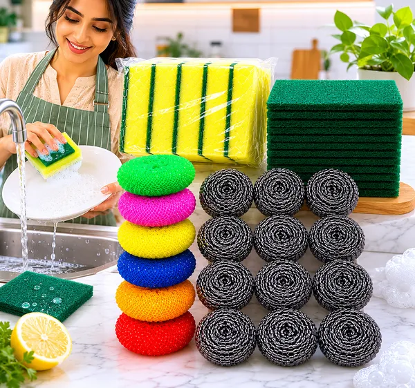 Kitchen_Cleaning_Combo_Pack_of_33_Pieces_–_Sponge_Scrub_Pads,_Green_Scouring_Pads,_Round_Nylon_Scrub_Nets_&_Steel_Scrubbers_for_Utensils,_Dishes,_Sink,_Gas_Stove,_Kitchen_Platform_&_Multipurpose_Home_Cleaning