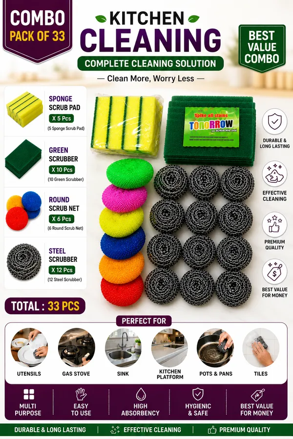 Kitchen_Cleaning_Combo_Pack_of_33_Pieces_–_Sponge_Scrub_Pads,_Green_Scouring_Pads,_Round_Nylon_Scrub_Nets_&_Steel_Scrubbers_for_Utensils,_Dishes,_Sink,_Gas_Stove,_Kitchen_Platform_&_Multipurpose_Home_Cleaning