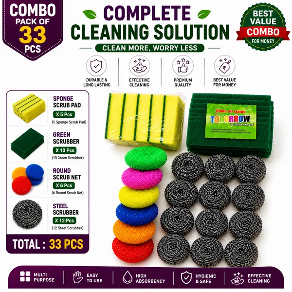 Kitchen_Cleaning_Combo_Pack_of_33_Pieces_–_Sponge_Scrub_Pads,_Green_Scouring_Pads,_Round_Nylon_Scrub_Nets_&_Steel_Scrubbers_for_Utensils,_Dishes,_Sink,_Gas_Stove,_Kitchen_Platform_&_Multipurpose_Home_Cleaning