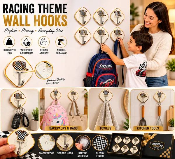 Decorative_Self_Adhesive_Wall_Hooks_for_Home,_Kitchen_&_Bathroom_|_Heavy_Duty_Waterproof_Sticky_Hooks_Up_to_2kg_Load_Capacity_|_No_Drill_Wall_Hanger_for_Keys,_Bags,_Towels_(Pack_of_9,_Racing_Theme_Design)