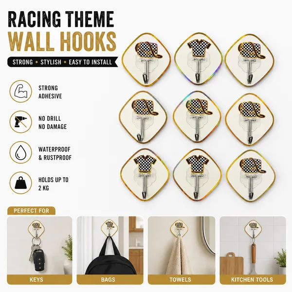 Decorative_Self_Adhesive_Wall_Hooks_for_Home,_Kitchen_&_Bathroom_|_Heavy_Duty_Waterproof_Sticky_Hooks_Up_to_2kg_Load_Capacity_|_No_Drill_Wall_Hanger_for_Keys,_Bags,_Towels_(Pack_of_9,_Racing_Theme_Design)