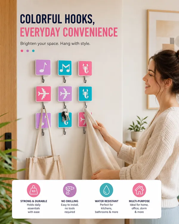 Self_Adhesive_Wall_Hooks_Set_of_9_|_Multi-Purpose_Strong_Plastic_Hooks_for_Kitchen,_Bathroom,_Bedroom_&_Office_|_Waterproof_No-Drill_Wall_Hangers_|_Holds_Up_to_2_KG_|_Assorted_Cute_Design_Hooks