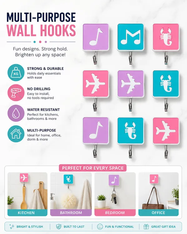 Self_Adhesive_Wall_Hooks_Set_of_9_|_Multi-Purpose_Strong_Plastic_Hooks_for_Kitchen,_Bathroom,_Bedroom_&_Office_|_Waterproof_No-Drill_Wall_Hangers_|_Holds_Up_to_2_KG_|_Assorted_Cute_Design_Hooks