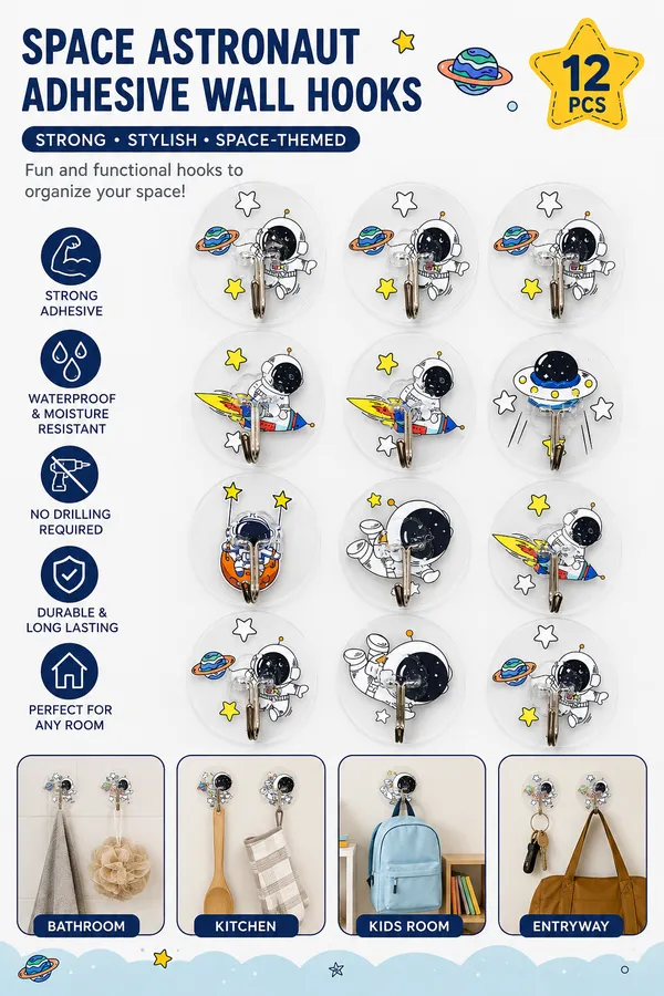 12_PCS_Space_Astronaut_Self_Adhesive_Wall_Hooks_for_Bathroom,_Kitchen_&_Bedroom_|_Heavy_Duty_Transparent_Waterproof_Hooks_|_No_Drill_Wall_Hanger_for_Keys,_Towels,_Bags,_Kitchen_Accessories_|_Load_Capacity_Up_to_2_Kg