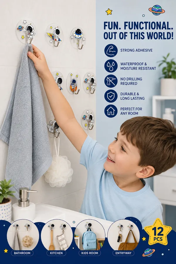12_PCS_Space_Astronaut_Self_Adhesive_Wall_Hooks_for_Bathroom,_Kitchen_&_Bedroom_|_Heavy_Duty_Transparent_Waterproof_Hooks_|_No_Drill_Wall_Hanger_for_Keys,_Towels,_Bags,_Kitchen_Accessories_|_Load_Capacity_Up_to_2_Kg