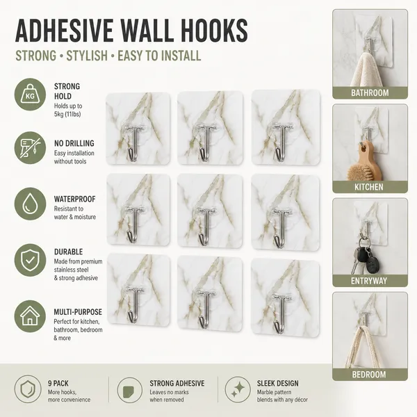 Pack_of_9_Self_Adhesive_Wall_Hooks_for_Home_&_Bathroom,_Waterproof_Heavy_Duty_Sticky_Hooks,_Marble_Design_Stainless_Steel_Hook,_No_Drill_Wall_Hanger_for_Kitchen,_Bedroom,_Bathroom_&_Office,_Load_Capacity_Up_to_2kg