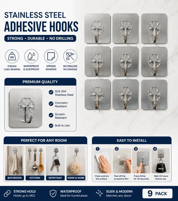 Pack_of_9_Stainless_Steel_Self_Adhesive_Wall_Hooks_|_Heavy_Duty_Waterproof_Sticky_Hooks_for_Kitchen,_Bathroom,_Bedroom_&_Office_|_No_Drill_Wall_Mount_Hooks_|_Rustproof_Multipurpose_Hanging_Hooks_|_Holds_Up_to_2_KG