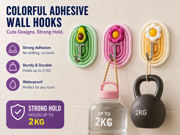 Cute_Self-Adhesive_Wall_Hooks_for_Home_&_Kitchen_|_Strong_Waterproof_Sticky_Hooks_Up_to_2kg_Load_Capacity_|_No_Drill_Multipurpose_Wall_Hanger_for_Bathroom,_Bedroom,_Kitchen_&_Office_|_Cartoon_Fruit_&_Rainbow_Design_(Pack_of_9)