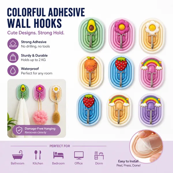 Cute_Self-Adhesive_Wall_Hooks_for_Home_&_Kitchen_|_Strong_Waterproof_Sticky_Hooks_Up_to_2kg_Load_Capacity_|_No_Drill_Multipurpose_Wall_Hanger_for_Bathroom,_Bedroom,_Kitchen_&_Office_|_Cartoon_Fruit_&_Rainbow_Design_(Pack_of_9)