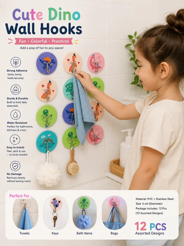 Cute_Dinosaur_Self_Adhesive_Wall_Hooks_for_Kids_Room,_Bathroom_&_Kitchen_|_Heavy_Duty_Waterproof_Sticky_Hooks_|_No_Drill_Wall_Hanger_|_Reusable_PVC_Hook_|_Holds_Up_to_2_KG_|_Cartoon_Dino_Design_|_Pack_of_12