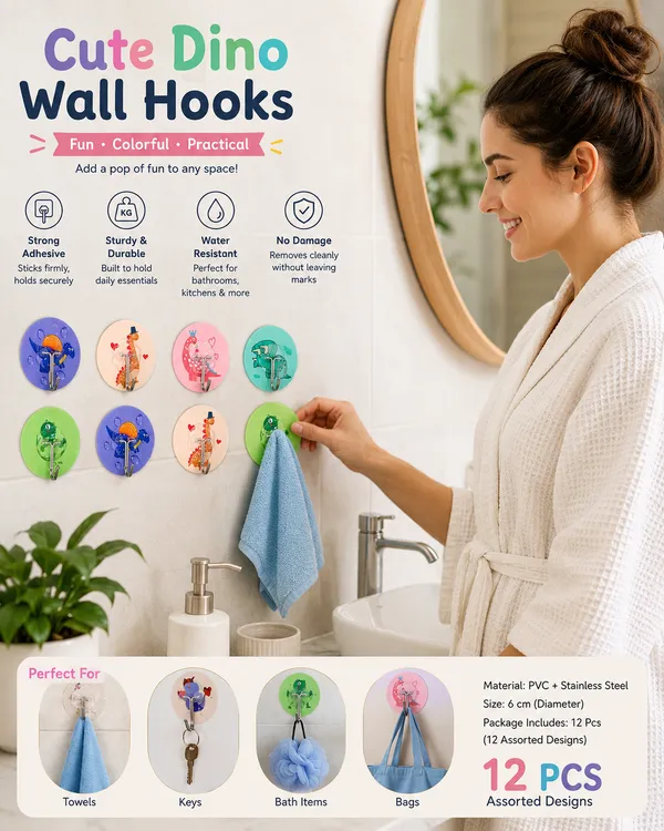 Cute_Dinosaur_Self_Adhesive_Wall_Hooks_for_Kids_Room,_Bathroom_&_Kitchen_|_Heavy_Duty_Waterproof_Sticky_Hooks_|_No_Drill_Wall_Hanger_|_Reusable_PVC_Hook_|_Holds_Up_to_2_KG_|_Cartoon_Dino_Design_|_Pack_of_12