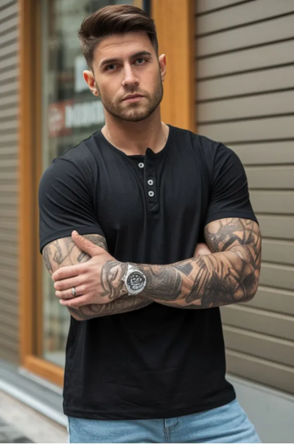 Black_GSM_220_Trending_Henley_Neck_Plain_T-Shirt_For_Men
