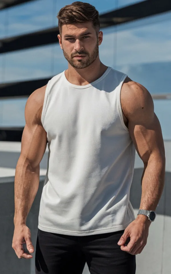 White_GSM_220_Stylish_Gym_Vest_Plain_For_Men